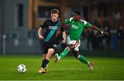 30 October 2023; Conan Noonan of Shamrock Rovers in action against Malik Dijksteel of Cork City during the SSE Airtricity Premier Division match between Cork City and Shamrock Rovers at Turner's Cross in Cork. Photo by David Fitzgerald/Sportsfile