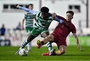 30 October 2023; Gideon Tetteh of Shamrock Rovers is tackled by Steven Healy of Galway United during the EA SPORTS MU19 LOI Enda McGuill Cup match between Galway United and Shamrock Rovers at Eamonn Deacy Park in Galway. Photo by Ben McShane/Sportsfile
