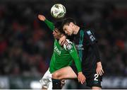 30 October 2023; Barry Coffey of Cork City in action against Lee Grace of Shamrock Rovers during the SSE Airtricity Premier Division match between Cork City and Shamrock Rovers at Turner's Cross in Cork. Photo by David Fitzgerald/Sportsfile