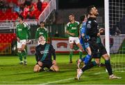 30 October 2023; Simon Power of Shamrock Rovers reacts during the SSE Airtricity Premier Division match between Cork City and Shamrock Rovers at Turner's Cross in Cork. Photo by David Fitzgerald/Sportsfile
