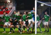 30 October 2023; Players from both sides watch as a header goes wide during the SSE Airtricity Premier Division match between Cork City and Shamrock Rovers at Turner's Cross in Cork. Photo by David Fitzgerald/Sportsfile