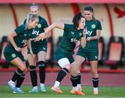 30 October 2023; Players, from left, Lily Agg, Hayley Nolan, Lucy Quinn and Jamie Finn during a Republic of Ireland women training session at Loro Boriçi Stadium in Shkoder, Albania. Photo by Stephen McCarthy/Sportsfile