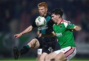 30 October 2023; Rory Gaffney of Shamrock Rovers in action against Sam Bailey of Cork City during the SSE Airtricity Premier Division match between Cork City and Shamrock Rovers at Turner's Cross in Cork. Photo by David Fitzgerald/Sportsfile