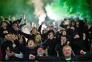 30 October 2023; Shamrock Rovers supporters celebrate after the SSE Airtricity Premier Division match between Cork City and Shamrock Rovers at Turner's Cross in Cork. Photo by David Fitzgerald/Sportsfile