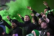 30 October 2023; Shamrock Rovers supporters celebrate after the SSE Airtricity Premier Division match between Cork City and Shamrock Rovers at Turner's Cross in Cork. Photo by David Fitzgerald/Sportsfile