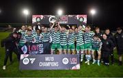 30 October 2023; Shamrock Rovers players and staff celebrate with the Enda McGuill Cup after the EA SPORTS MU19 LOI Enda McGuill Cup match between Galway United and Shamrock Rovers at Eamonn Deacy Park in Galway. Photo by Ben McShane/Sportsfile