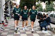 31 October 2023; Republic of Ireland players, from left, Louise Quinn, Katie McCabe and Diane Caldwell during a team walk before the UEFA Women's Nations League B match between Albania and Republic of Ireland at Loro Boriçi Stadium in Shkoder, Albania. Photo by Stephen McCarthy/Sportsfile