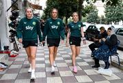 31 October 2023; Republic of Ireland players, from left, Erin McLaughlin, Grace Moloney and Denise O'Sullivan during a team walk before the UEFA Women's Nations League B match between Albania and Republic of Ireland at Loro Boriçi Stadium in Shkoder, Albania. Photo by Stephen McCarthy/Sportsfile