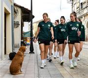 31 October 2023; Republic of Ireland players, from left, Sophie Whitehouse, Lucy Quinn and Chloe Mustaki during a team walk before the UEFA Women's Nations League B match between Albania and Republic of Ireland at Loro Boriçi Stadium in Shkoder, Albania. Photo by Stephen McCarthy/Sportsfile