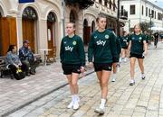 31 October 2023; Republic of Ireland's Claire O'Riordan, left, and Caitlin Hayes during a team walk before the UEFA Women's Nations League B match between Albania and Republic of Ireland at Loro Boriçi Stadium in Shkoder, Albania. Photo by Stephen McCarthy/Sportsfile