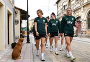 31 October 2023; Republic of Ireland players, from left, Sophie Whitehouse, Lucy Quinn and Chloe Mustaki during a team walk before the UEFA Women's Nations League B match between Albania and Republic of Ireland at Loro Boriçi Stadium in Shkoder, Albania. Photo by Stephen McCarthy/Sportsfile