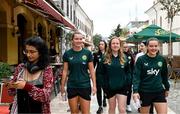31 October 2023; Republic of Ireland players, from left, Saoirse Noonan, Amber Barrett and Tyler Toland during a team walk before the UEFA Women's Nations League B match between Albania and Republic of Ireland at Loro Boriçi Stadium in Shkoder, Albania. Photo by Stephen McCarthy/Sportsfile