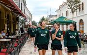 31 October 2023; Republic of Ireland players, from left, Kyra Carusa, Sinead Farrelly and Abbie Larkin during a team walk before the UEFA Women's Nations League B match between Albania and Republic of Ireland at Loro Boriçi Stadium in Shkoder, Albania. Photo by Stephen McCarthy/Sportsfile