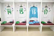 31 October 2023; The Republic of Ireland jerseys of, from left, Sinead Farrelly, Lucy Quinn, goalkeeper Grace Moloney and Jamie Finn are seen in the dressing room before the UEFA Women's Nations League B match between Albania and Republic of Ireland at Loro Boriçi Stadium in Shkoder, Albania. Photo by Stephen McCarthy/Sportsfile