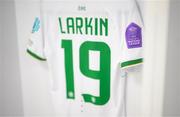 31 October 2023; The jersey of Abbie Larkin of Republic of Ireland is seen in the dressing room before the UEFA Women's Nations League B match between Albania and Republic of Ireland at Loro Boriçi Stadium in Shkoder, Albania. Photo by Stephen McCarthy/Sportsfile
