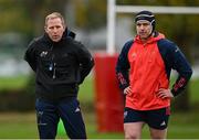 31 October 2023; Attack coach Mike Prendergast, left, and Rory Scannell during Munster rugby squad training at the University of Limerick in Limerick. Photo by Brendan Moran/Sportsfile
