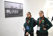 31 October 2023; Emily Whelan, left, and Tyler Toland of Republic of Ireland before the UEFA Women's Nations League B match between Albania and Republic of Ireland at Loro Boriçi Stadium in Shkoder, Albania. Photo by Stephen McCarthy/Sportsfile