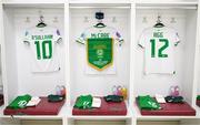 31 October 2023; The Republic of Ireland jerseys and pennant of, from left, Denise O'Sullivan, captain Katie McCabe and Lily Agg are seen in the dressing room before the UEFA Women's Nations League B match between Albania and Republic of Ireland at Loro Boriçi Stadium in Shkoder, Albania. Photo by Stephen McCarthy/Sportsfile