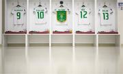 31 October 2023; The Republic of Ireland jerseys and pennant of, from left, Erin McLaughlin, Denise O'Sullivan, captain Katie McCabe, Lily Agg and Hayley Nolan are seen in the dressing room before the UEFA Women's Nations League B match between Albania and Republic of Ireland at Loro Boriçi Stadium in Shkoder, Albania. Photo by Stephen McCarthy/Sportsfile