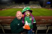 31 October 2023; Republic of Ireland supporters Alan and Annie Mulholland, age 8, from Newbridge, Kildare before the UEFA Women's Nations League B match between Albania and Republic of Ireland at Loro Boriçi Stadium in Shkoder, Albania. Photo by Stephen McCarthy/Sportsfile