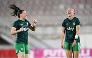 31 October 2023; Caitlin Hayes, right, and Lucy Quinn of Republic of Ireland before the UEFA Women's Nations League B match between Albania and Republic of Ireland at Loro Boriçi Stadium in Shkoder, Albania. Photo by Stephen McCarthy/Sportsfile