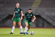 31 October 2023; Abbie Larkin, right, and Caitlin Hayes of Republic of Ireland before the UEFA Women's Nations League B match between Albania and Republic of Ireland at Loro Boriçi Stadium in Shkoder, Albania. Photo by Stephen McCarthy/Sportsfile
