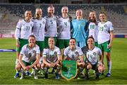 31 October 2023; The Republic of Ireland team, back row, from left, Katie McCabe, Diane Caldwell, Caitlin Hayes, Louise Quinn, goalkeeper Courtney Brosnan, Kyra Carusa and Abbie Larkin, with front row, from left, Erin McLaughlin, Denise O'Sullivan, Tyler Toland and Sinead Farrelly before the UEFA Women's Nations League B match between Albania and Republic of Ireland at Loro Boriçi Stadium in Shkoder, Albania. Photo by Stephen McCarthy/Sportsfile
