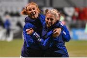 31 October 2023; Rachel Furness, left, and Kelsie Burrows of Northern Ireland before the UEFA Women's Nations League B match between Northern Ireland and Hungary at Seaview in Belfast. Photo by Ramsey Cardy/Sportsfile