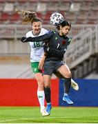 31 October 2023; Kyra Carusa of Republic of Ireland in action against Albania goalkeeper Viona Rexhepi during the UEFA Women's Nations League B match between Albania and Republic of Ireland at Loro Boriçi Stadium in Shkoder, Albania. Photo by Stephen McCarthy/Sportsfile