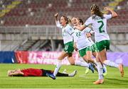 31 October 2023; Denise O'Sullivan of Republic of Ireland, left, celebrates after scoring her side's first goal during the UEFA Women's Nations League B match between Albania and Republic of Ireland at Loro Boriçi Stadium in Shkoder, Albania. Photo by Stephen McCarthy/Sportsfile