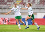 31 October 2023; Denise O'Sullivan of Republic of Ireland, right, celebrates with teammate Jamie Finn after scoring their side's first goal during the UEFA Women's Nations League B match between Albania and Republic of Ireland at Loro Boriçi Stadium in Shkoder, Albania. Photo by Stephen McCarthy/Sportsfile
