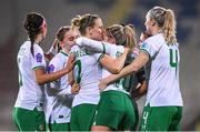 31 October 2023; Denise O'Sullivan of Republic of Ireland, second from right, celebrates with teammates, including Diane Caldwell, centre, after scoring their side's first goal  during the UEFA Women's Nations League B match between Albania and Republic of Ireland at Loro Boriçi Stadium in Shkoder, Albania. Photo by Stephen McCarthy/Sportsfile