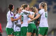 31 October 2023; Denise O'Sullivan of Republic of Ireland, second from right, celebrates with teammates, including Diane Caldwell, centre, after scoring their side's first goal  during the UEFA Women's Nations League B match between Albania and Republic of Ireland at Loro Boriçi Stadium in Shkoder, Albania. Photo by Stephen McCarthy/Sportsfile
