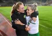 31 October 2023; Denise O'Sullivan, right, and Amber Barrett of Republic of Ireland celebrate after the UEFA Women's Nations League B match between Albania and Republic of Ireland at Loro Boriçi Stadium in Shkoder, Albania. Photo by Stephen McCarthy/Sportsfile