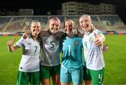 31 October 2023; Republic of Ireland players, from left, Diane Caldwell, Caitlin Hayes, Courtney Brosnan and Louise Quinn celebrate after the UEFA Women's Nations League B match between Albania and Republic of Ireland at Loro Boriçi Stadium in Shkoder, Albania. Photo by Stephen McCarthy/Sportsfile