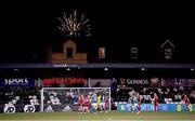 31 October 2023; A general view of the action, as fireworks are seen, during the UEFA Women's Nations League B match between Northern Ireland and Hungary at Seaview in Belfast. Photo by Ramsey Cardy/Sportsfile