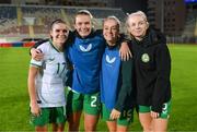 31 October 2023; Republic of Ireland players, from left, Jamie Finn, Saoirse Noonan, Lily Agg and Hayley Nolan after the UEFA Women's Nations League B match between Albania and Republic of Ireland at Loro Boriçi Stadium in Shkoder, Albania. Photo by Stephen McCarthy/Sportsfile