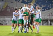 31 October 2023; Denise O'Sullivan of Republic of Ireland, centre, celebrates with teammates after scoring their side's first goal during the UEFA Women's Nations League B match between Albania and Republic of Ireland at Loro Boriçi Stadium in Shkoder, Albania. Photo by Stephen McCarthy/Sportsfile