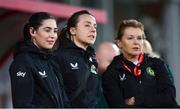 31 October 2023; Republic of Ireland medical staff, from left, physiotherapist Susie Coffey, physiotherapist Angela Kenneally and Dr Siobhan Forman, team doctor, before the UEFA Women's Nations League B match between Albania and Republic of Ireland at Loro Boriçi Stadium in Shkoder, Albania. Photo by Stephen McCarthy/Sportsfile