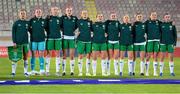 31 October 2023; Republic of Ireland players, from left, Katie McCabe, Courtney Brosnan, Louise Quinn, Caitlin Hayes, Diane Caldwell, Tyler Toland, Erin McLaughlin, Denise O'Sullivan, Sinead Farrelly, Kyra Carusa and Abbie Larkin stand for the playing of the National Anthem before the UEFA Women's Nations League B match between Albania and Republic of Ireland at Loro Boriçi Stadium in Shkoder, Albania. Photo by Stephen McCarthy/Sportsfile