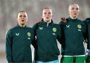 31 October 2023; Republic of Ireland players, from left, Katie McCabe, Courtney Brosnan and Louise Quinn before the UEFA Women's Nations League B match between Albania and Republic of Ireland at Loro Boriçi Stadium in Shkoder, Albania. Photo by Stephen McCarthy/Sportsfile