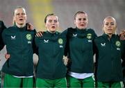 31 October 2023; Republic of Ireland players, from left, Diane Caldwell, Tyler Toland, Erin McLaughlin and Denise O'Sullivan before the UEFA Women's Nations League B match between Albania and Republic of Ireland at Loro Boriçi Stadium in Shkoder, Albania. Photo by Stephen McCarthy/Sportsfile