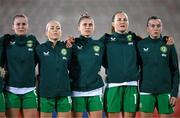 31 October 2023; Republic of Ireland players, from left, Erin McLaughlin, Denise O'Sullivan, Sinead Farrelly, Kyra Carusa and Abbie Larkin before the UEFA Women's Nations League B match between Albania and Republic of Ireland at Loro Boriçi Stadium in Shkoder, Albania. Photo by Stephen McCarthy/Sportsfile