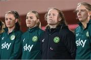 31 October 2023; Amber Barrett, second from right, with Republic of Ireland team-mates, from left, Heather Payne, Izzy Atkinson and Sophie Whitehouse before the UEFA Women's Nations League B match between Albania and Republic of Ireland at Loro Boriçi Stadium in Shkoder, Albania. Photo by Stephen McCarthy/Sportsfile