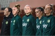 31 October 2023; Republic of Ireland players, from left, Megan Campbell, Claire O'Riordan, Hayley Nolan, Jamie Finn, and Lily Agg before the UEFA Women's Nations League B match between Albania and Republic of Ireland at Loro Boriçi Stadium in Shkoder, Albania. Photo by Stephen McCarthy/Sportsfile