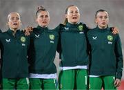 31 October 2023; Republic of Ireland players, from left, Denise O'Sullivan, Sinead Farrelly, Kyra Carusa of Republic of Ireland and Abbie Larkin before the UEFA Women's Nations League B match between Albania and Republic of Ireland at Loro Boriçi Stadium in Shkoder, Albania. Photo by Stephen McCarthy/Sportsfile
