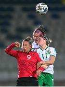 31 October 2023; Valenita Troka of Albania in action against Jamie Finn and Caitlin Hayes, centre, of Republic of Ireland during the UEFA Women's Nations League B match between Albania and Republic of Ireland at Loro Boriçi Stadium in Shkoder, Albania. Photo by Stephen McCarthy/Sportsfile