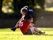 1 November 2023; Avril Whittle of North Midlands is tackled by Emma Brogan of North East during the BearingPoint Sarah Robinson Cup round two match between North East and North Midlands at Mullingar RFC in Mullingar, Westmeath. Photo by Piaras Ó Mídheach/Sportsfile