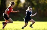 1 November 2023; Muireann Cawley of North Midlands gets away from Anna Dawson of North East during the BearingPoint Sarah Robinson Cup round two match between North East and North Midlands at Mullingar RFC in Mullingar, Westmeath. Photo by Piaras Ó Mídheach/Sportsfile