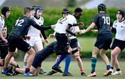 1 November 2023; Callum Brennan of Midlands is tackled by Bruce Flegg of Metro, 12, during the BearingPoint Shane Horgan Cup round two match between Metro and Midlands at Mullingar RFC in Mullingar, Westmeath. Photo by Piaras Ó Mídheach/Sportsfile